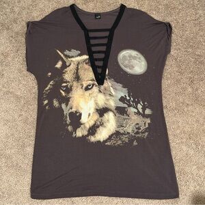 Graphic Tee Dress with Wolf and Moon Design